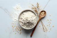 Bowl of organic oat flour with wooden spoon and scattered oats on light marble background, ideal for healthy baking and gluten-free recipes.