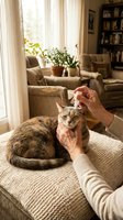 Senior woman petting tabby cat in cozy living room with warm sunlight streaming through windows creating peaceful domestic scene.