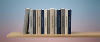 Row of neutral colored books arranged on wooden shelf against soft gradient background for home decor and reading concepts.