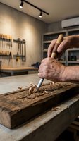 Skilled craftsman hands carving intricate wooden details with traditional chisel tool in professional woodworking workshop studio.