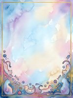 Watercolor pastel background with playful cats, paw prints, fish bones, and yarn balls framed in gold, perfect for stationery and greeting cards.