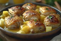 Juicy chicken thighs with golden crispy skin in creamy sauce, served with tender potato chunks and fresh herbs in rustic ceramic dish. Perfect for recipe blogs.