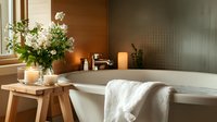 Elegant bathroom interior with white bathtub, wooden stool holding fresh flower bouquet and lit candles, creating a relaxing spa-like atmosphere.