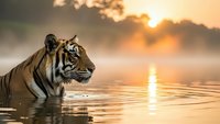Majestic tiger wading through calm water during golden hour sunrise, creating stunning reflections in serene lake with misty mountains in background.