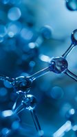 Molecular structure in deep blue tones with bokeh background showing scientific research, chemistry, or medical concept for laboratory presentations.
