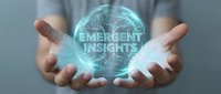 Businessman holding glowing holographic brain with emergent insights text, representing artificial intelligence, data analysis, and innovative technology solutions for business growth.