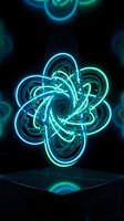 Glowing neon torus knot sculpture floating above a dark pedestal, radiating cyan and blue light on a black background.