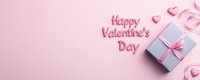 Romantic gift box with pink bow and hearts on soft pink background. Happy Valentine's Day text in pink lettering. Minimal holiday layout with copy space.