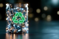 Glass jar with glowing recycling symbol and electronic circuit boards inside on dark background with bokeh lights, representing e-waste recycling concept.