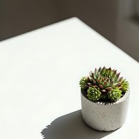Small succulent plants in modern concrete pot on white surface with natural sunlight shadows for home decor and interior design projects.