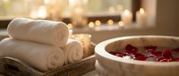 Spa wellness setup with rolled white towels in wicker basket and ceramic bowl filled with water and red rose petals for relaxation and aromatherapy treatment.