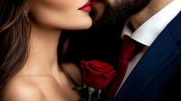 Romantic close-up of couple with red rose, woman with red lipstick and man in navy suit with red tie against dark background, intimate moment captured.
