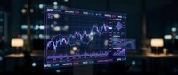 Financial trading dashboard displaying stock market charts and data analytics on computer screen in modern office environment for investment analysis.