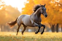 Majestic brown horse galloping freely across golden meadow during warm sunset with flowing mane and tail in motion against blurred autumn trees background.