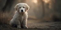 Adorable golden retriever puppy sitting on rustic wooden surface with warm bokeh lighting background for pet care and animal lover designs.