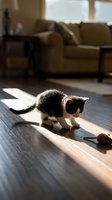 Playful kitten with brown and white markings stalking a toy mouse on wooden floor in sunlit living room with furniture.