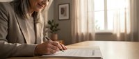 Professional businesswoman signing important contract document at modern office desk during daytime meeting for corporate agreement and legal paperwork.