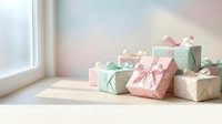 Pastel gift boxes with satin ribbons arranged near window with soft natural light. Holiday presents in mint green, pink and cream colors for celebrations.