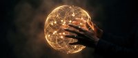 Human hand reaching toward glowing digital brain with neural network connections representing artificial intelligence and machine learning technology.