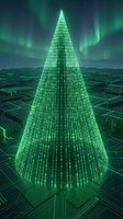 Digital cone structure made of binary code rising from circuit board landscape with glowing green aurora effects for technology and data visualization concepts.