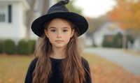 Young girl with long brown hair wearing black witch hat and sweater against autumn background, soft bokeh effect creates magical Halloween mood.