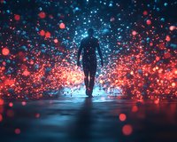 Silhouetted male figure walking through mystical glowing particles in dark space, surrounded by red and blue bokeh lights creating dramatic atmospheric effect.