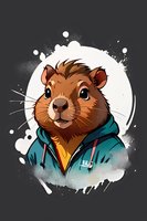 Stylized brown hamster wearing teal sports jacket and yellow hoodie against dark background with white splatter effect, artistic character design for merchandise.