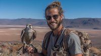 Smiling man with dreadlocks holding falcon in desert landscape with mountains in background, showcasing wildlife conservation and falconry experience.