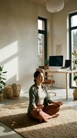 Woman meditating in bright, minimalist home office with natural light, wooden desk, computer, and potted plants for wellness and work-life balance.