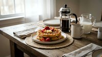 Golden waffles topped with fresh strawberries served on rustic wooden table with coffee press and milk pitcher in bright morning kitchen setting.