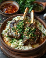 Braised lamb shanks served on fragrant rice with fresh herbs and chili sauce. Tender meat garnished with parsley and crushed nuts creates rich Middle Eastern dish.