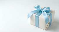 White gift box with blue satin ribbon bow on clean background for holiday celebrations, birthdays, special occasions and festive greeting cards.