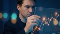 Young Caucasian businessman analyzing glowing financial growth chart with upward trending arrow in modern office environment at night.