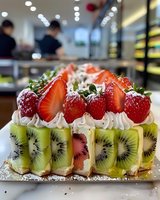 Fresh fruit cake decorated with sliced kiwi, whipped cream, and ripe strawberries dusted with powdered sugar, served on silver platter in bakery setting.