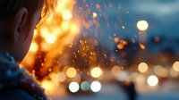 Young boy gazing at glowing bokeh lights in evening cityscape, creating dreamy atmosphere with blurred golden circles and soft focus background.