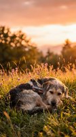 Search and rescue dog resting in wildflower meadow during golden hour sunset with warm orange sky and silhouetted trees in background.