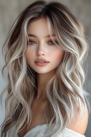 Young Asian woman with long wavy platinum blonde hair and natural makeup wearing white sweater, looking at camera with soft expression against blurred background.