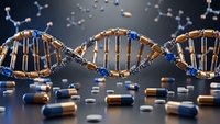 DNA double helix structure with pharmaceutical capsules and molecular compounds for medical research and genetic therapy applications.
