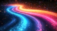 Colorful cosmic stream with glowing particles flowing in space, vibrant blue, pink, purple and orange light trail against starry dark background. Magical galaxy art.