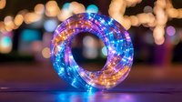 Glowing LED rope light forming circular shape with blue and pink colors against dark background with blurred bokeh lights, festive holiday decoration.