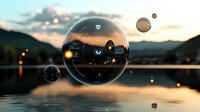 Surreal landscape reflected in floating glass spheres against dramatic sunset sky over calm lake water, creating magical atmospheric scene with bokeh effects.