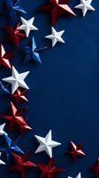 Red white and blue metallic stars arranged on navy background for patriotic holiday celebrations and American themed decorations.