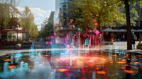 Futuristic cityscape reflection in puddle with glowing neon lights, digital art elements, and holographic technology visualization merging with urban environment.
