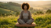 Young African American woman meditating in lotus position on grassy hillside during golden hour sunset, peaceful mindfulness practice in natural landscape.