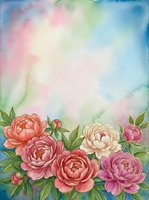 Watercolor floral border with pink peonies on pastel rainbow background for wedding invitations, greeting cards and romantic design projects.