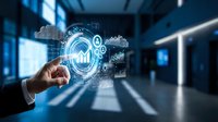 Businessman hand touching glowing digital analytics interface with charts and data visualization in modern office environment for business intelligence and technology solutions.