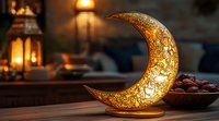 Golden crescent moon lamp with intricate oriental wooden table, traditional Ramadan decoration with lanterns and dates in background.