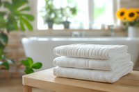 Clean white folded towels stacked on wooden table in bright bathroom interior with green plants and sunflowers creating spa atmosphere.