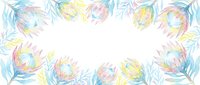 Watercolor protea flowers frame border with pastel colors on white background for wedding invitations, greeting cards and botanical design projects.