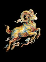 Colorful ornate ram leaping with swirling cloud motifs in gold, red, and blue tones, isolated on transparent background, ready for stickers, sublimation, and print on demand.